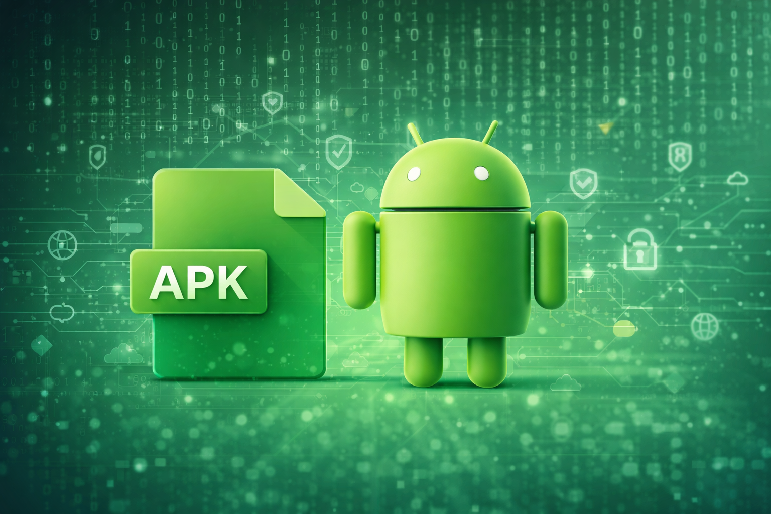 Ilustrasi APK hijau Android dengan ikon file APK dan sistem keamanan digital
